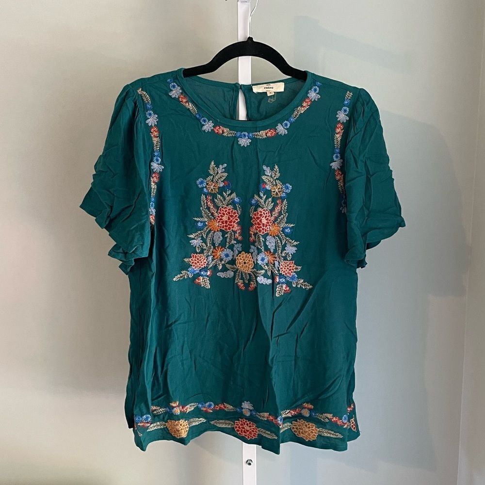 entro Teal Floral Embroidered Ruffle Sleeve Blouse